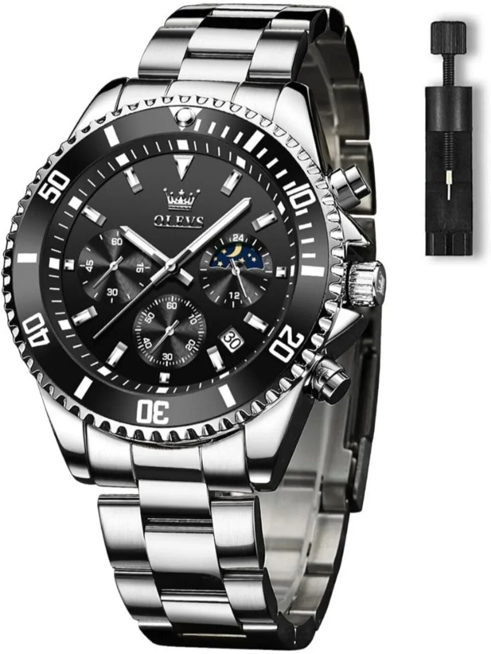 Men's Black Silver Premium Stainless Analog Rotatable Bezel Date Steel Watch